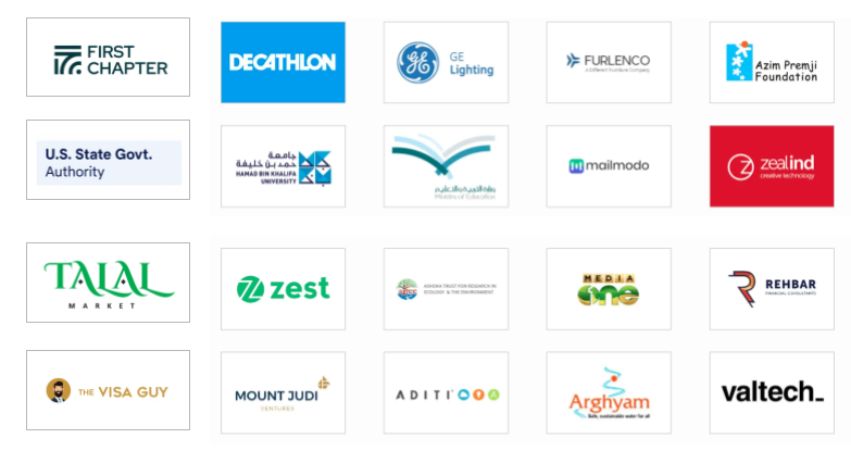 Tridz client portfolio — First Chapter, Decathlon, GE Lighting, Furlenco, Azim Premji Foundation, US State Govt, Hamad Bin Khalifa University, Mailmodo, Zealind, Talal Market, Zest, Media One, Rehbar, The Visa Guy, Mount Judi, Aditi, Arghyam, Valtech and more